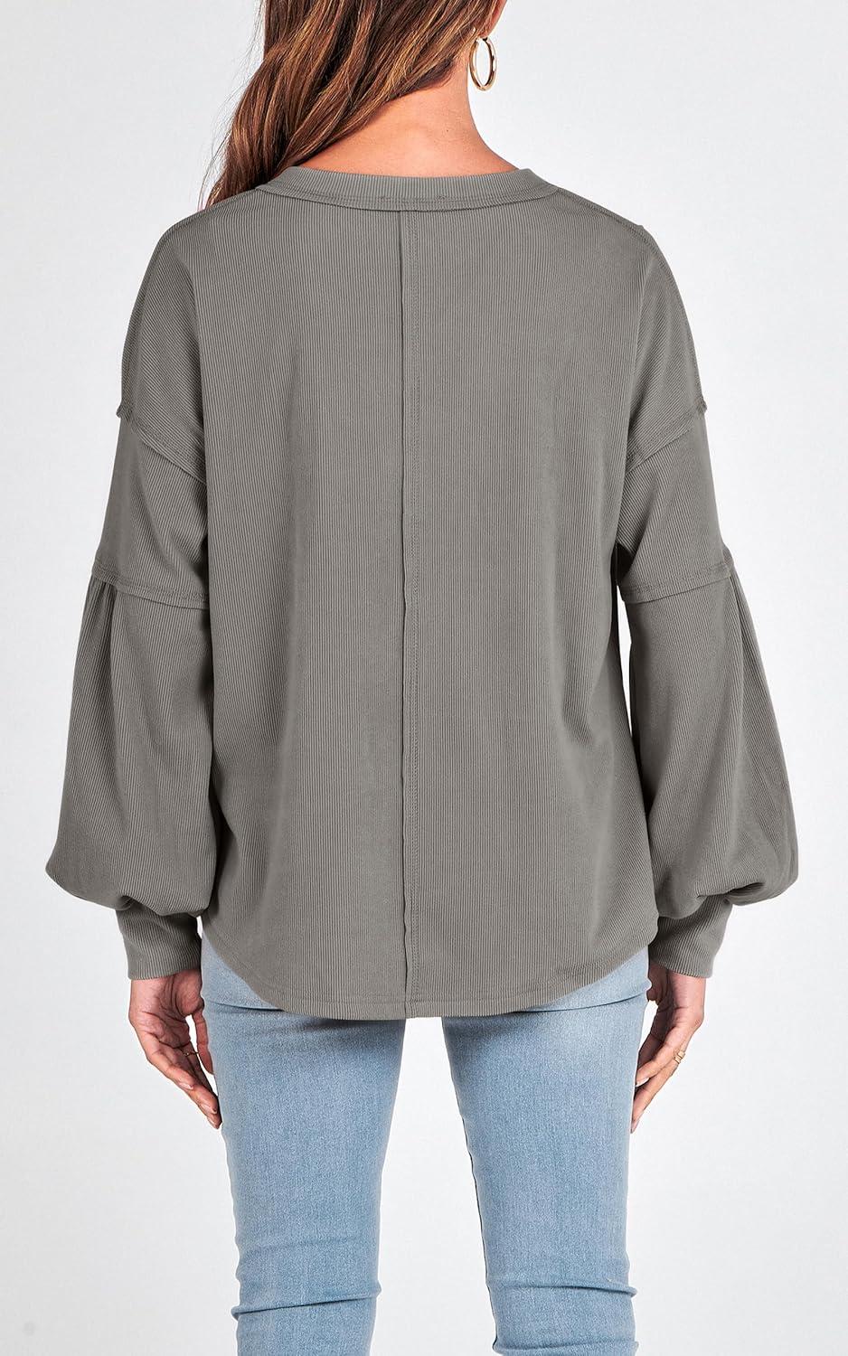 imageBTFBM Womens Fall Fashion 2025 Long Sleeve Shirts Casual V Neck Ribbed Knit Blouses Pullover Trendy Loose Fit Tunic TopsSolid Grey