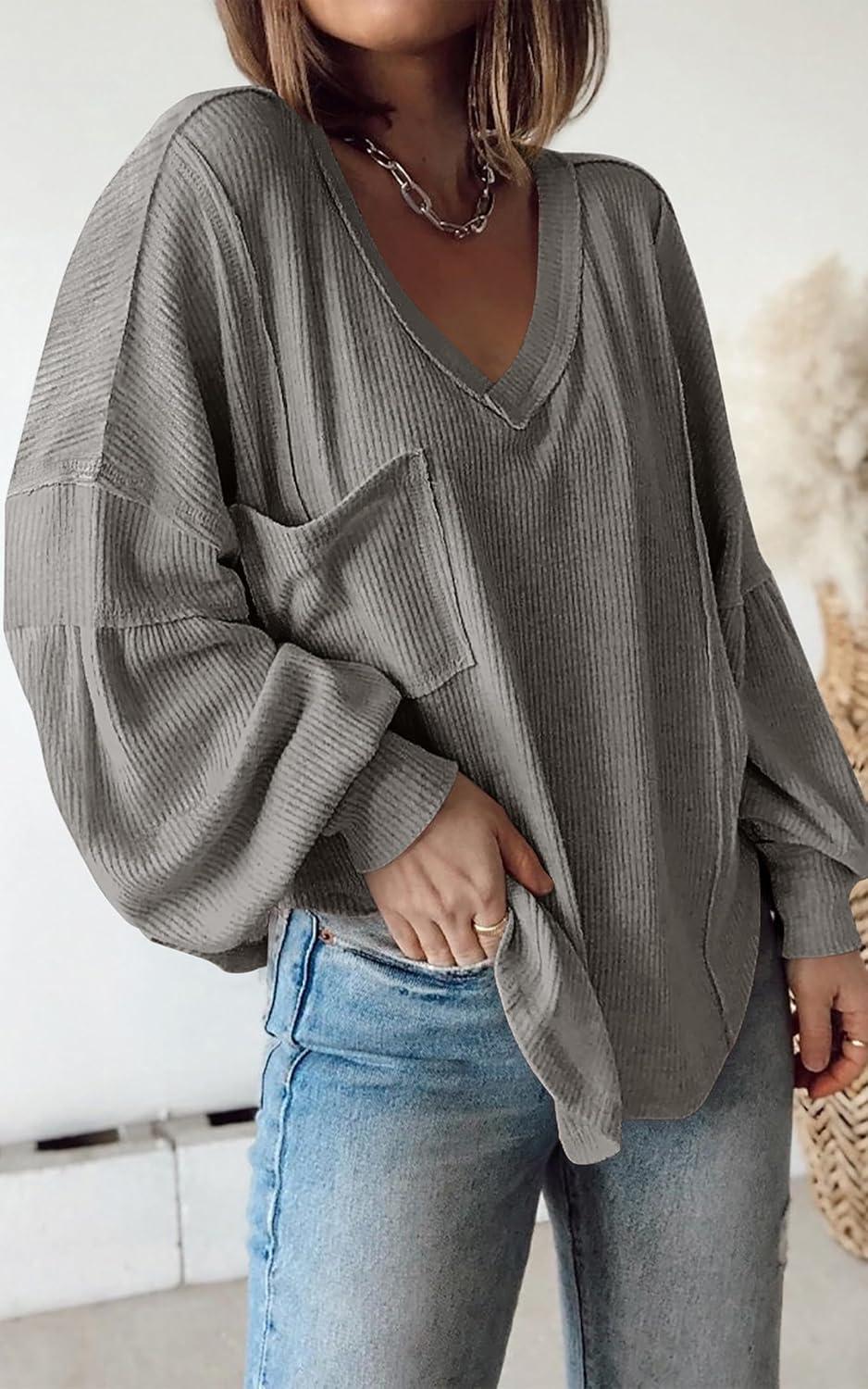 imageBTFBM Womens Fall Fashion 2025 Long Sleeve Shirts Casual V Neck Ribbed Knit Blouses Pullover Trendy Loose Fit Tunic TopsSolid Grey