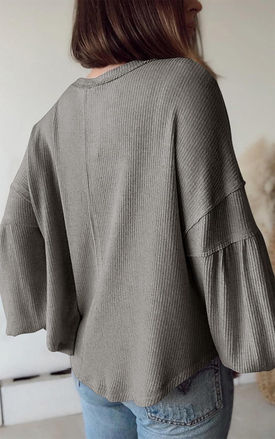 imageBTFBM Womens Fall Fashion 2025 Long Sleeve Shirts Casual V Neck Ribbed Knit Blouses Pullover Trendy Loose Fit Tunic TopsSolid Grey