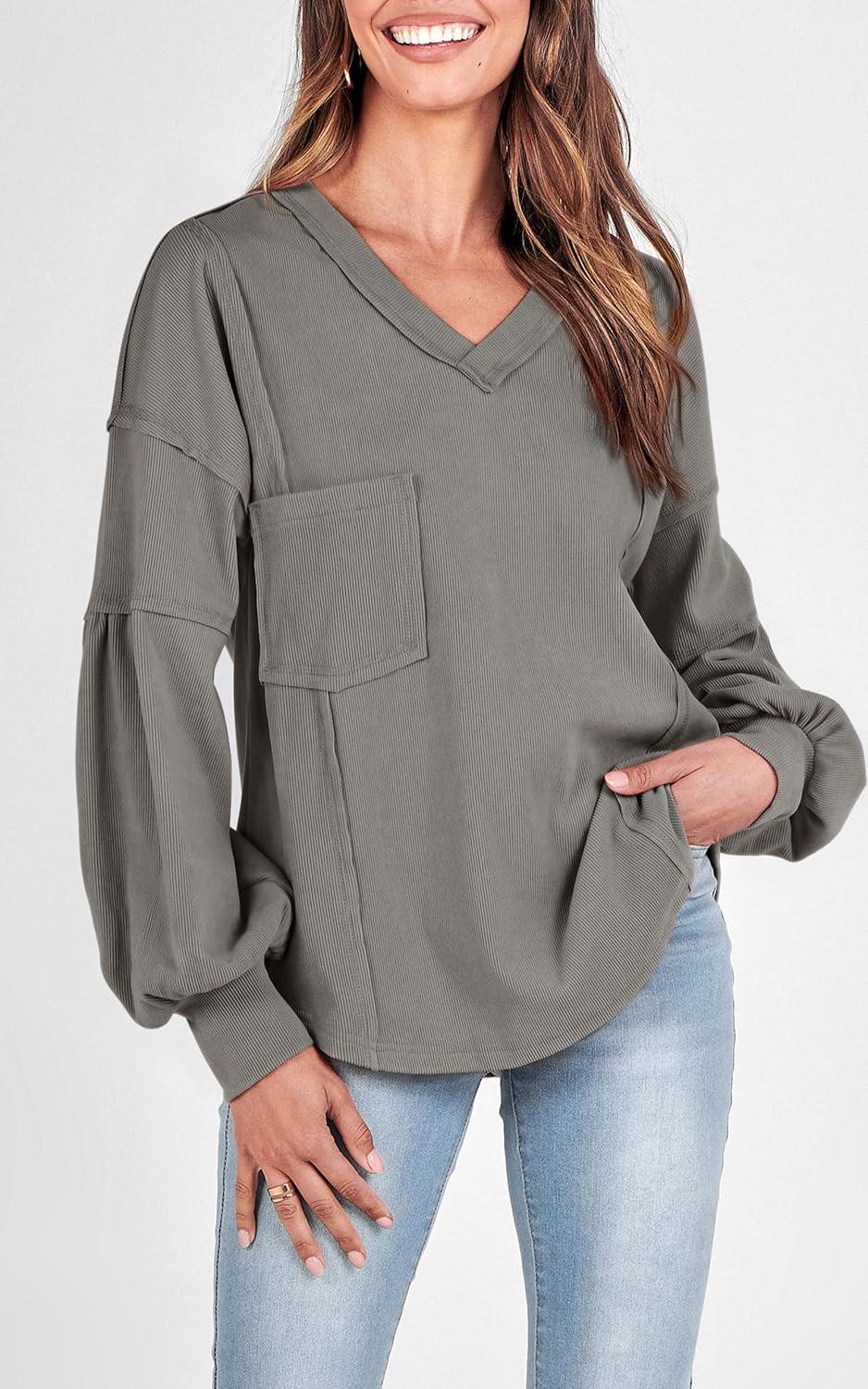 imageBTFBM Womens Fall Fashion 2025 Long Sleeve Shirts Casual V Neck Ribbed Knit Blouses Pullover Trendy Loose Fit Tunic TopsSolid Grey