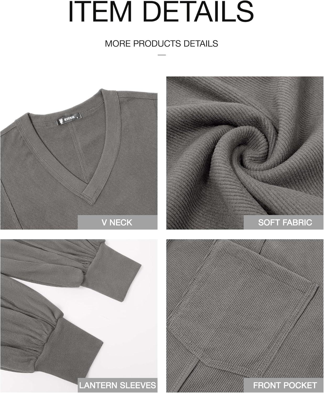 imageBTFBM Womens Fall Fashion 2025 Long Sleeve Shirts Casual V Neck Ribbed Knit Blouses Pullover Trendy Loose Fit Tunic TopsSolid Grey