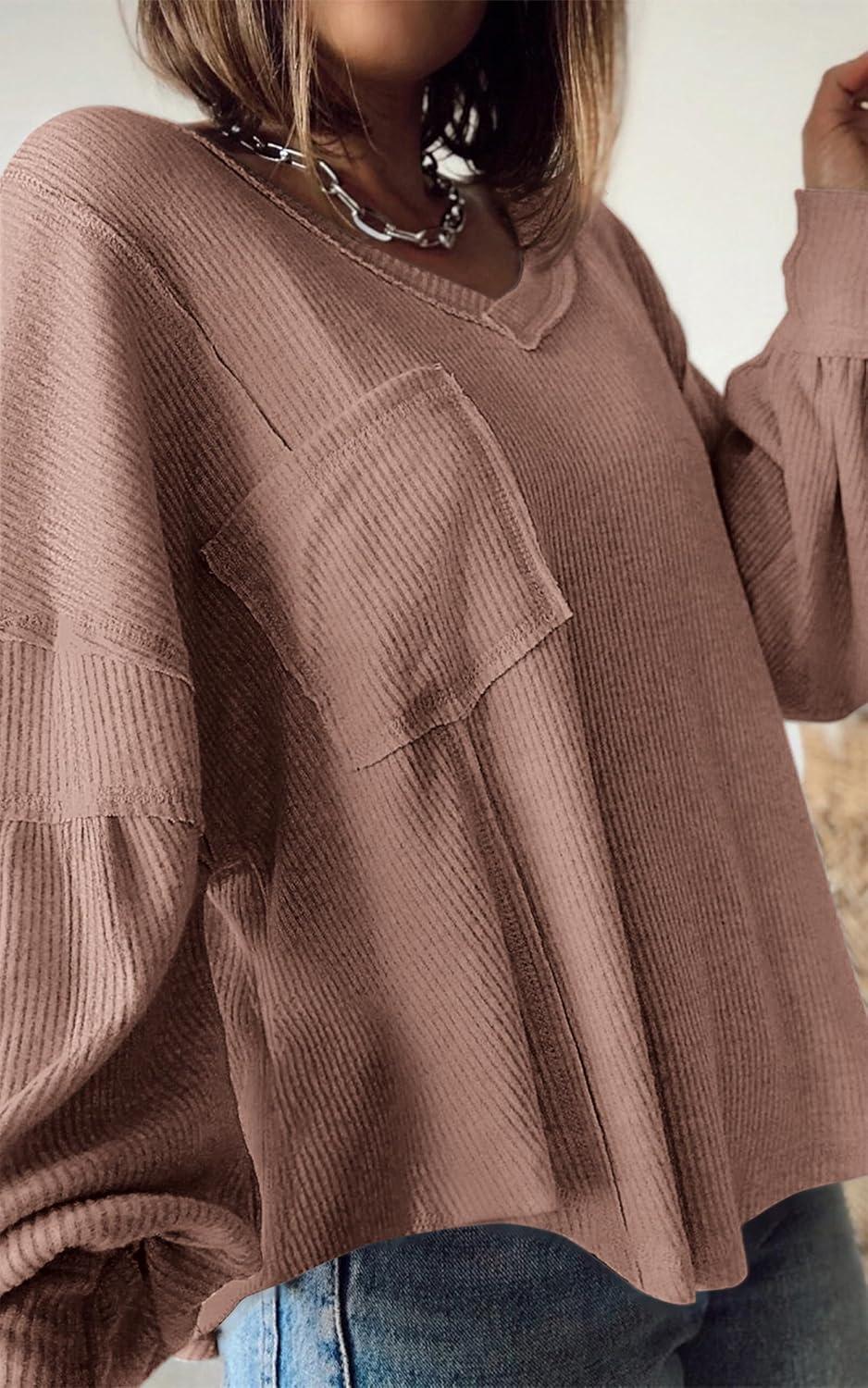 imageBTFBM Womens Fall Fashion 2025 Long Sleeve Shirts Casual V Neck Ribbed Knit Blouses Pullover Trendy Loose Fit Tunic TopsSolid Khaki