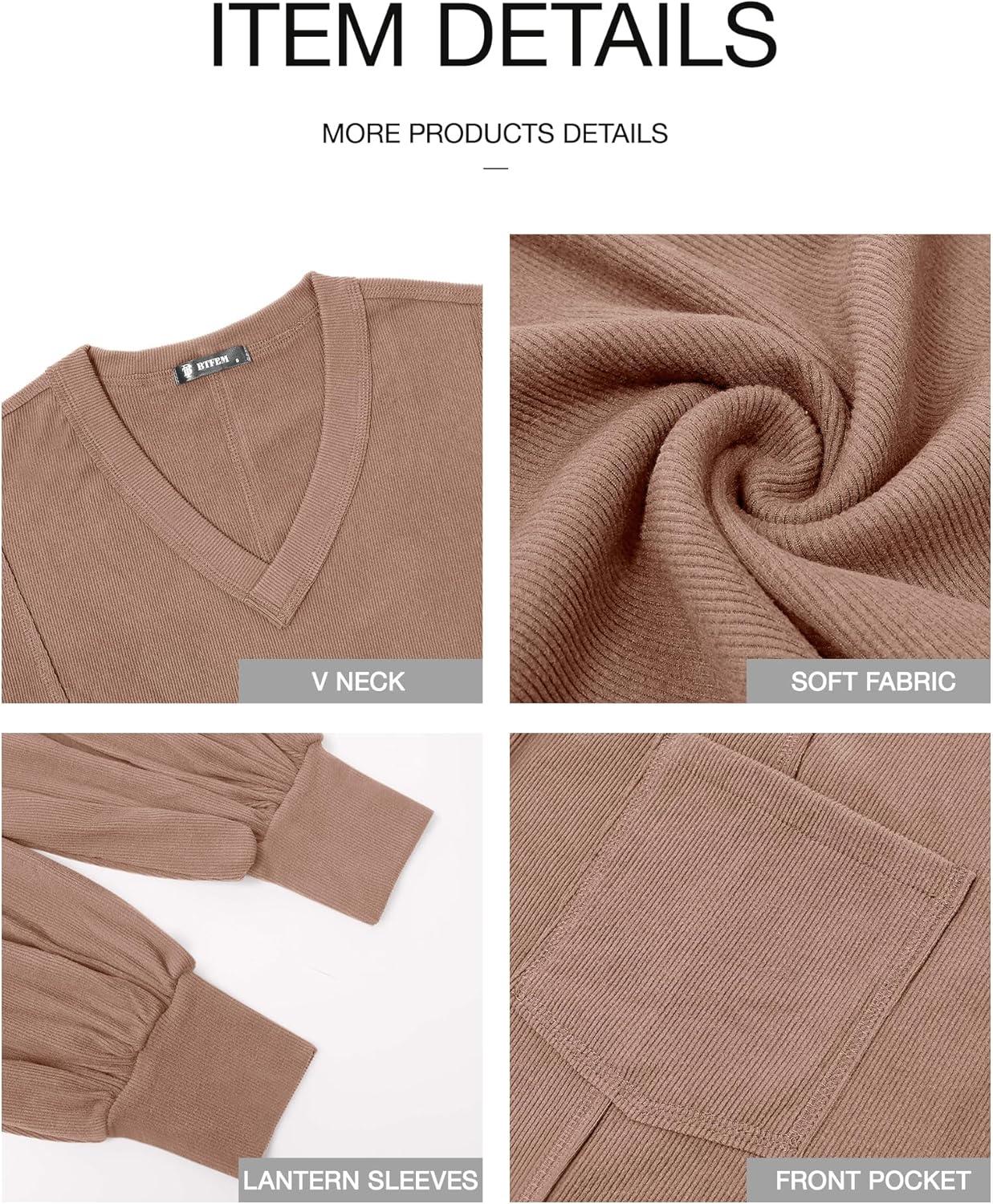 imageBTFBM Womens Fall Fashion 2025 Long Sleeve Shirts Casual V Neck Ribbed Knit Blouses Pullover Trendy Loose Fit Tunic TopsSolid Khaki