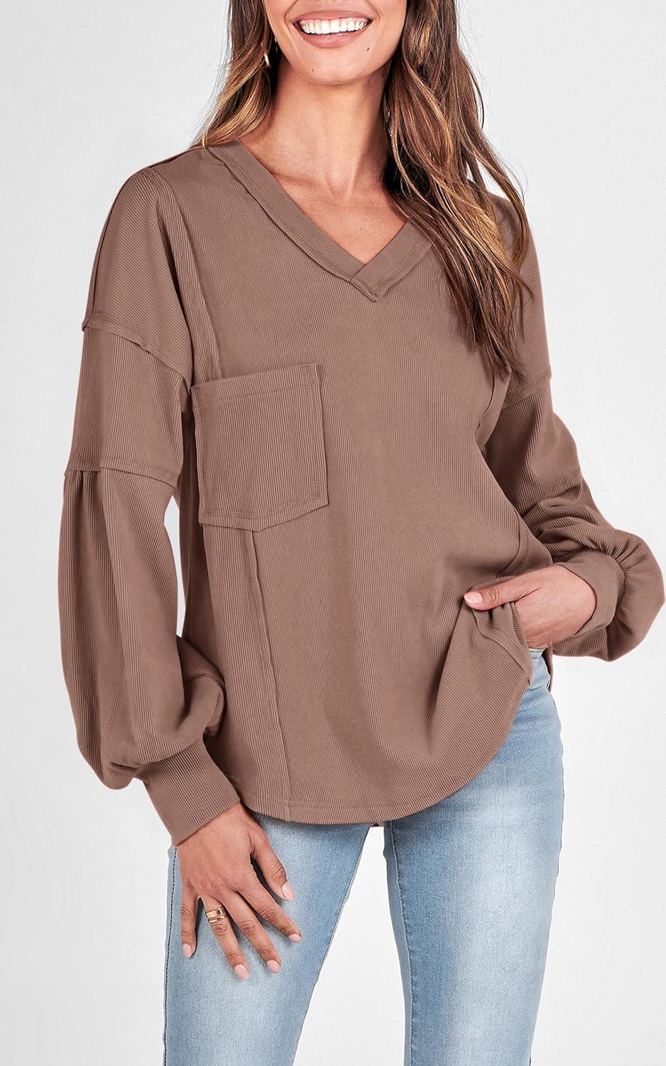 imageBTFBM Womens Fall Fashion 2025 Long Sleeve Shirts Casual V Neck Ribbed Knit Blouses Pullover Trendy Loose Fit Tunic TopsSolid Khaki