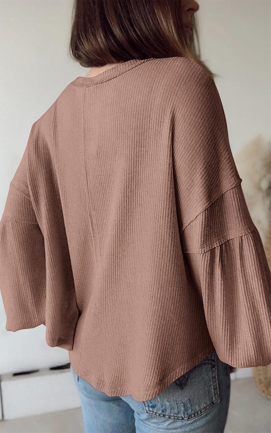 imageBTFBM Womens Fall Fashion 2025 Long Sleeve Shirts Casual V Neck Ribbed Knit Blouses Pullover Trendy Loose Fit Tunic TopsSolid Khaki