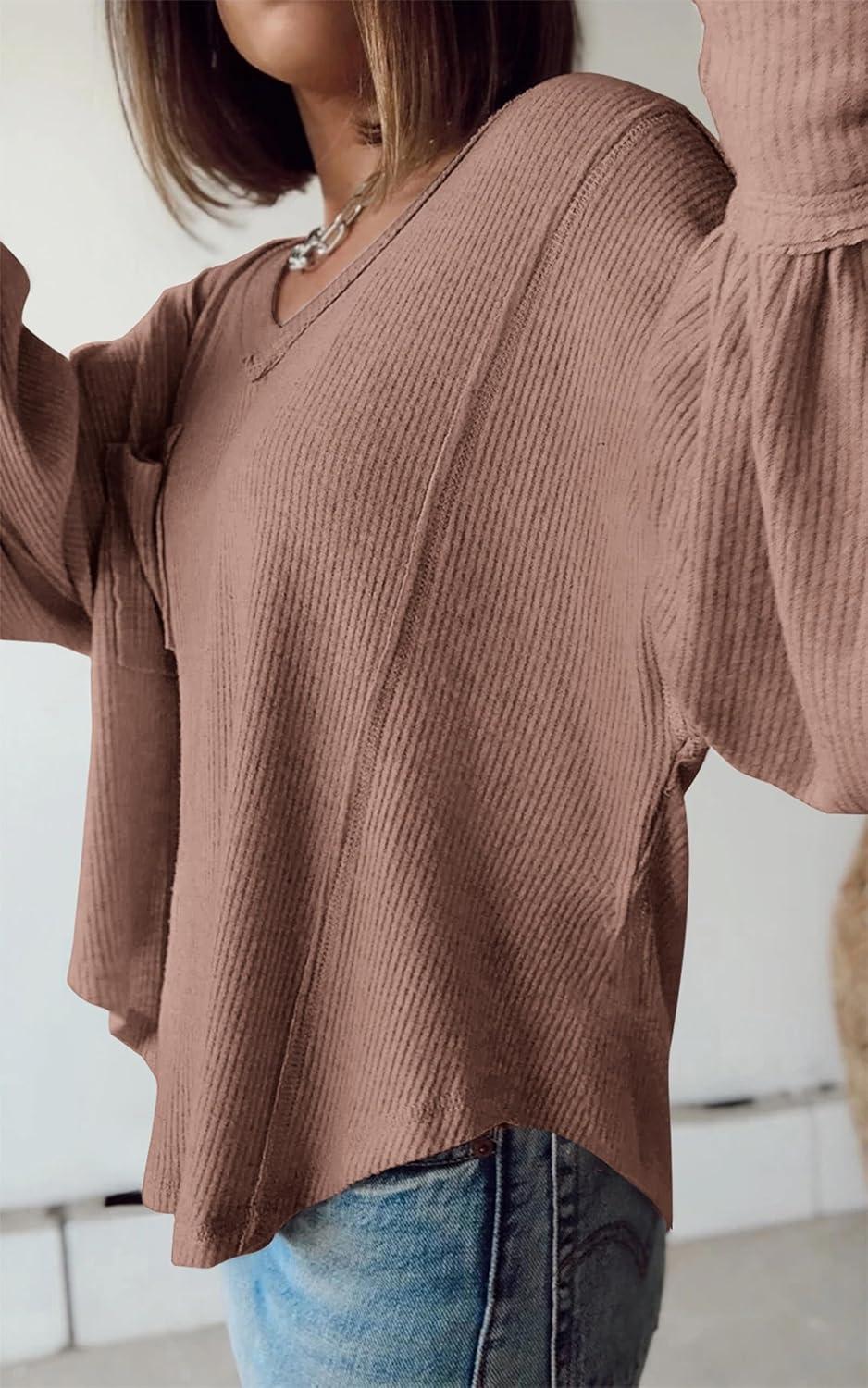 imageBTFBM Womens Fall Fashion 2025 Long Sleeve Shirts Casual V Neck Ribbed Knit Blouses Pullover Trendy Loose Fit Tunic TopsSolid Khaki