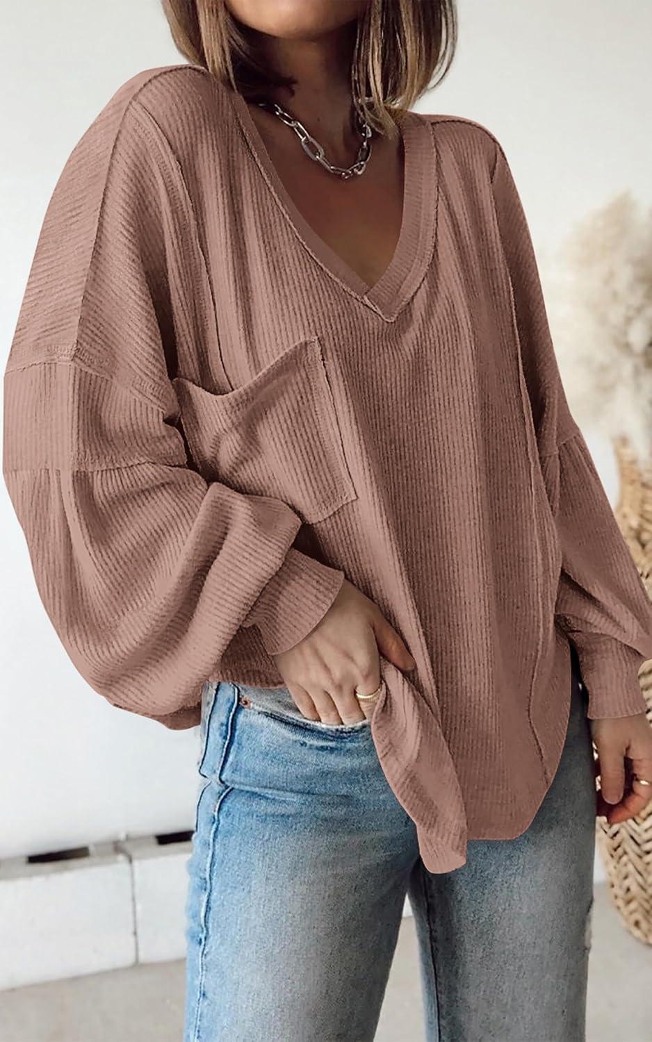 imageBTFBM Womens Fall Fashion 2025 Long Sleeve Shirts Casual V Neck Ribbed Knit Blouses Pullover Trendy Loose Fit Tunic TopsSolid Khaki