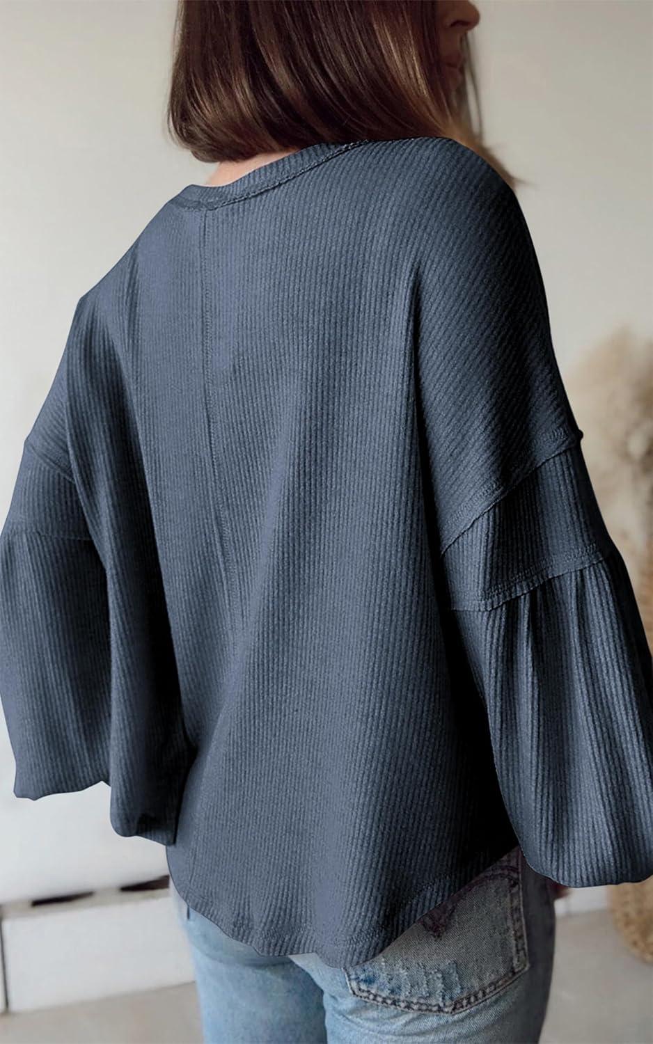 imageBTFBM Womens Fall Fashion 2025 Long Sleeve Shirts Casual V Neck Ribbed Knit Blouses Pullover Trendy Loose Fit Tunic TopsSolid Light Grey Blue