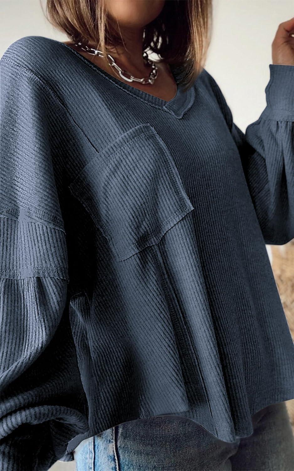 imageBTFBM Womens Fall Fashion 2025 Long Sleeve Shirts Casual V Neck Ribbed Knit Blouses Pullover Trendy Loose Fit Tunic TopsSolid Light Grey Blue