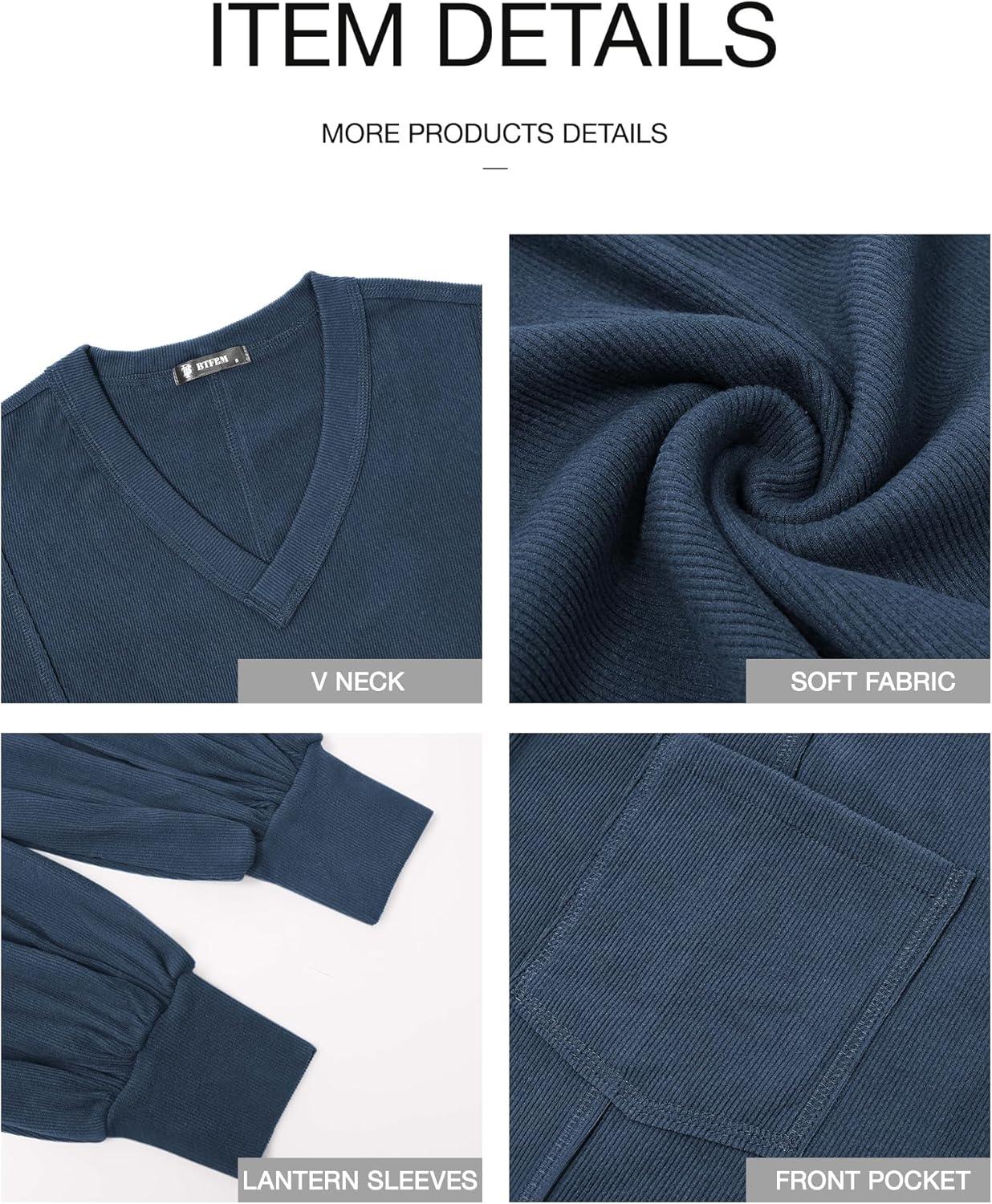 imageBTFBM Womens Fall Fashion 2025 Long Sleeve Shirts Casual V Neck Ribbed Knit Blouses Pullover Trendy Loose Fit Tunic TopsSolid Light Grey Blue