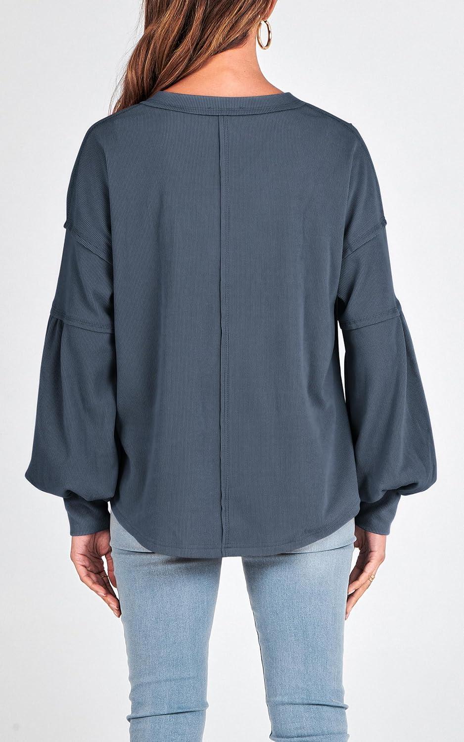 imageBTFBM Womens Fall Fashion 2025 Long Sleeve Shirts Casual V Neck Ribbed Knit Blouses Pullover Trendy Loose Fit Tunic TopsSolid Light Grey Blue