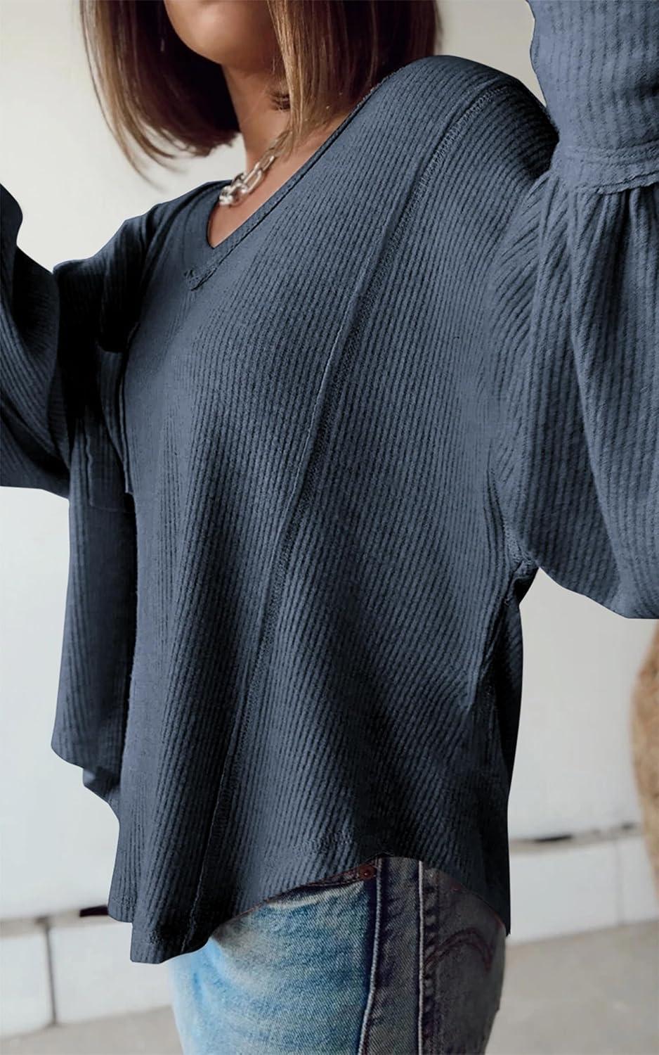 imageBTFBM Womens Fall Fashion 2025 Long Sleeve Shirts Casual V Neck Ribbed Knit Blouses Pullover Trendy Loose Fit Tunic TopsSolid Light Grey Blue