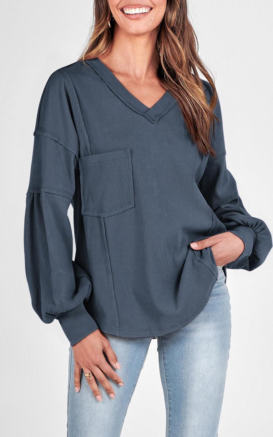 imageBTFBM Womens Fall Fashion 2025 Long Sleeve Shirts Casual V Neck Ribbed Knit Blouses Pullover Trendy Loose Fit Tunic TopsSolid Light Grey Blue