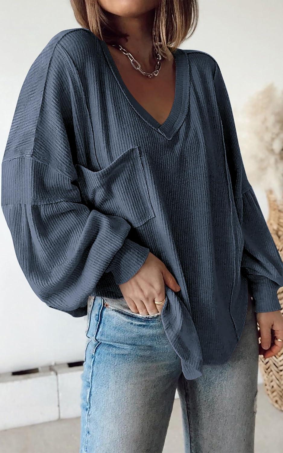 imageBTFBM Womens Fall Fashion 2025 Long Sleeve Shirts Casual V Neck Ribbed Knit Blouses Pullover Trendy Loose Fit Tunic TopsSolid Light Grey Blue