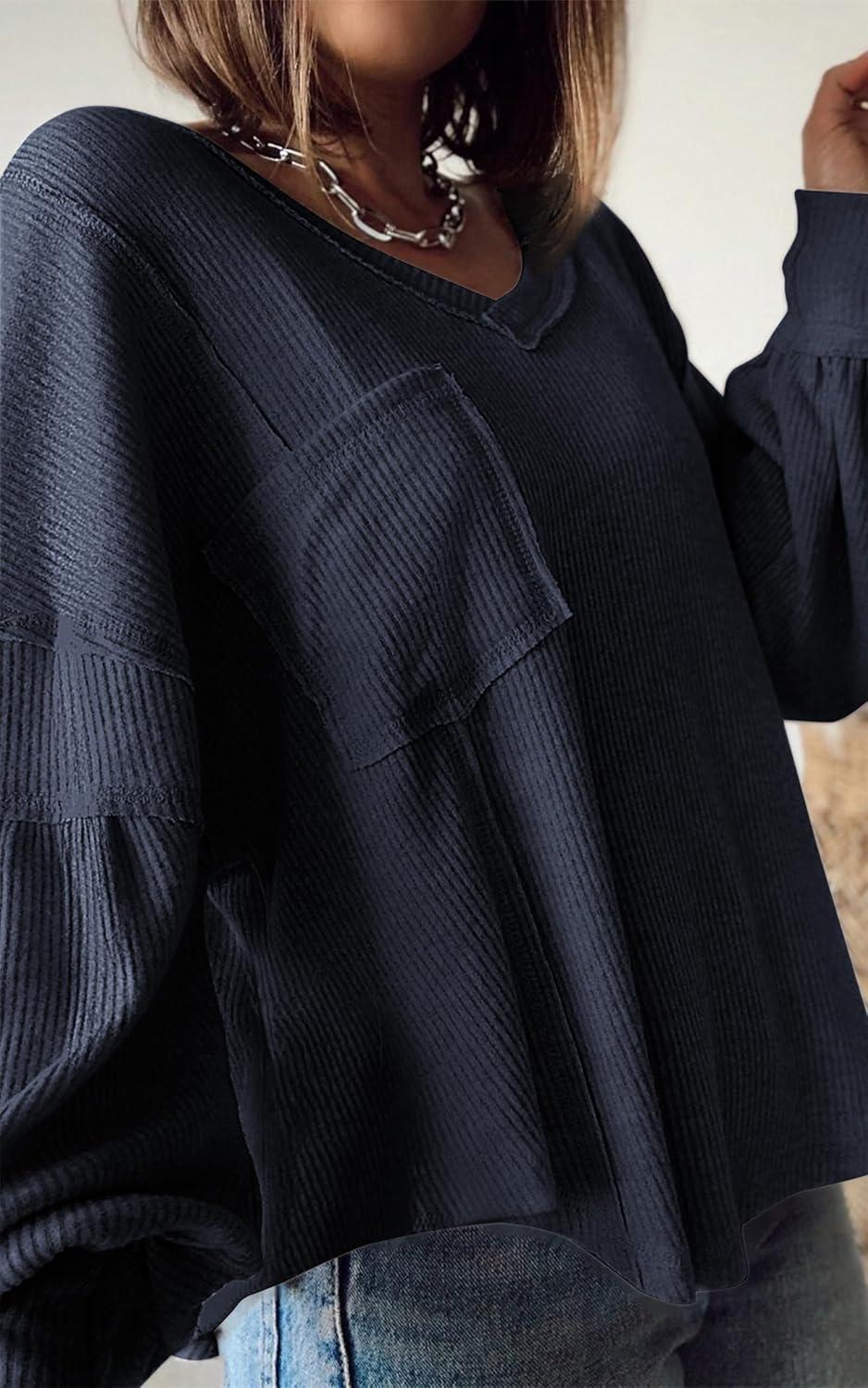 imageBTFBM Womens Fall Fashion 2025 Long Sleeve Shirts Casual V Neck Ribbed Knit Blouses Pullover Trendy Loose Fit Tunic TopsSolid Navy
