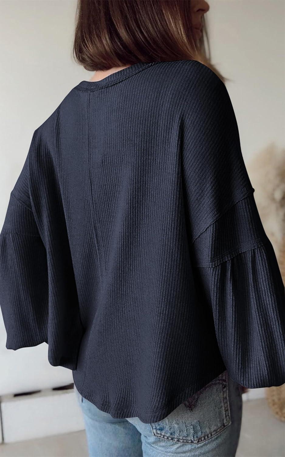 imageBTFBM Womens Fall Fashion 2025 Long Sleeve Shirts Casual V Neck Ribbed Knit Blouses Pullover Trendy Loose Fit Tunic TopsSolid Navy