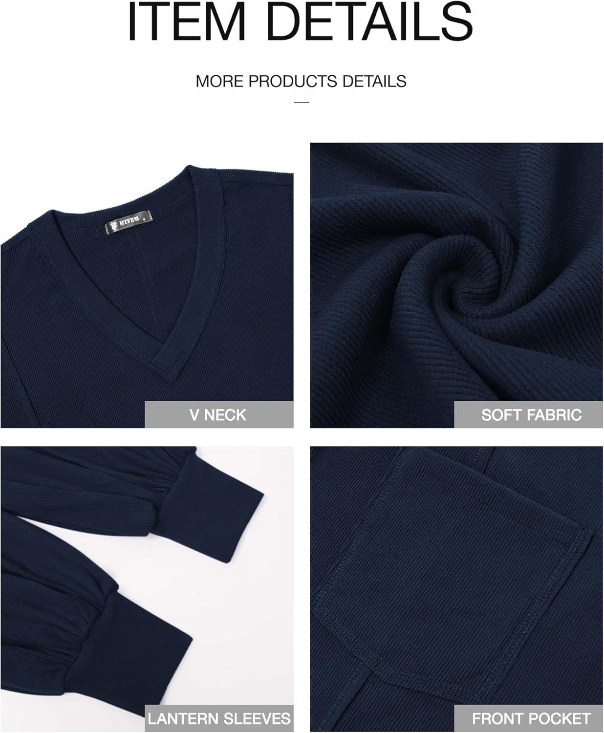 imageBTFBM Womens Fall Fashion 2025 Long Sleeve Shirts Casual V Neck Ribbed Knit Blouses Pullover Trendy Loose Fit Tunic TopsSolid Navy