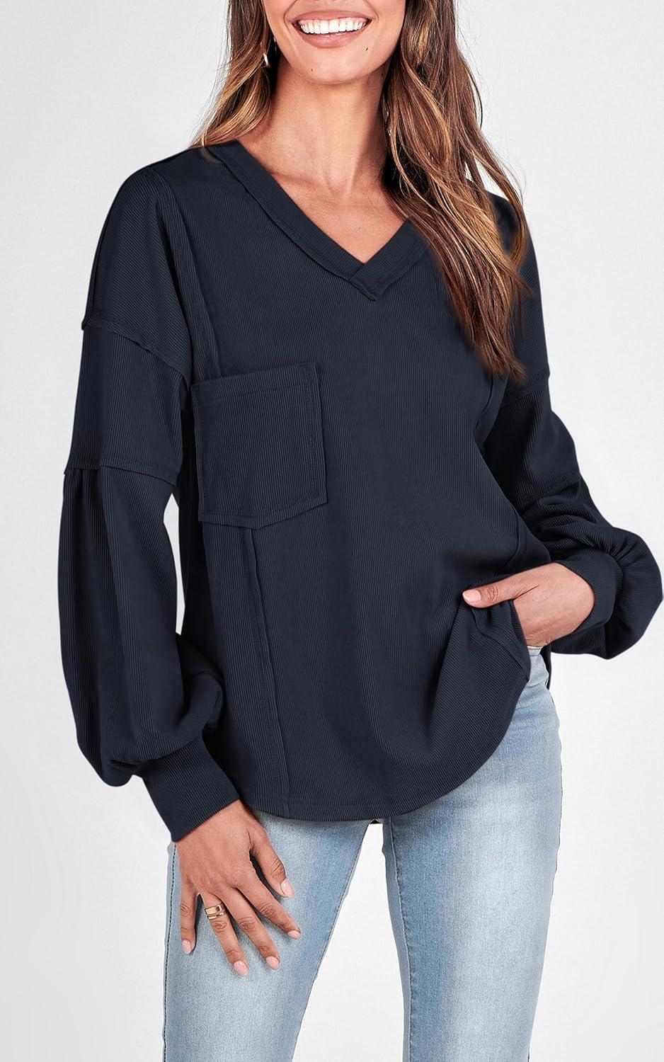 imageBTFBM Womens Fall Fashion 2025 Long Sleeve Shirts Casual V Neck Ribbed Knit Blouses Pullover Trendy Loose Fit Tunic TopsSolid Navy