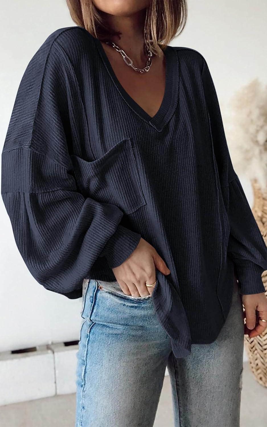 imageBTFBM Womens Fall Fashion 2025 Long Sleeve Shirts Casual V Neck Ribbed Knit Blouses Pullover Trendy Loose Fit Tunic TopsSolid Navy