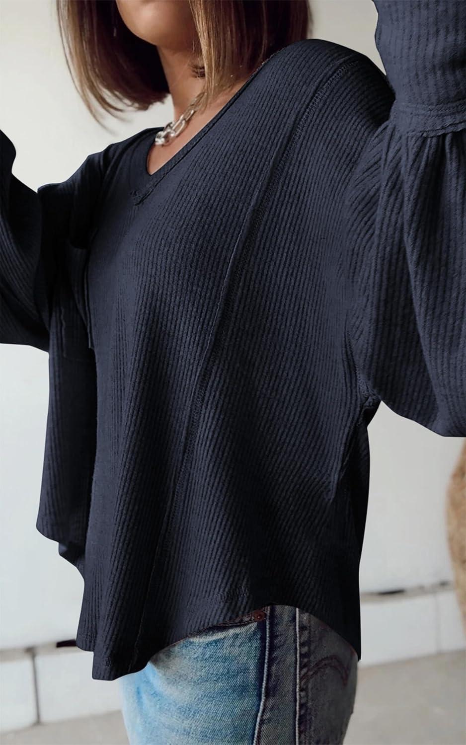imageBTFBM Womens Fall Fashion 2025 Long Sleeve Shirts Casual V Neck Ribbed Knit Blouses Pullover Trendy Loose Fit Tunic TopsSolid Navy