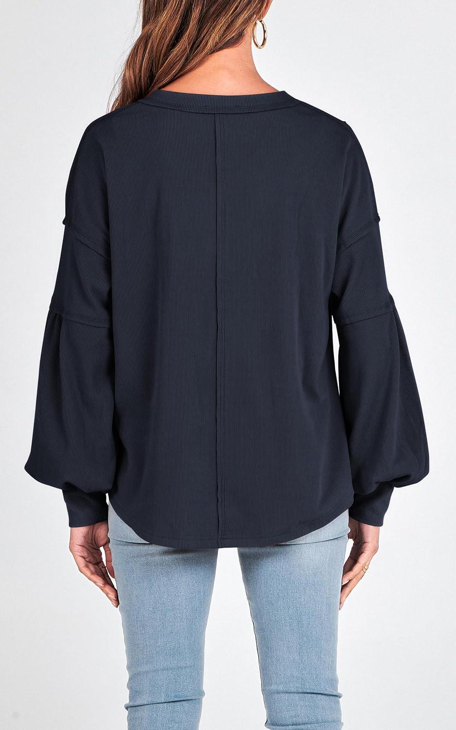 imageBTFBM Womens Fall Fashion 2025 Long Sleeve Shirts Casual V Neck Ribbed Knit Blouses Pullover Trendy Loose Fit Tunic TopsSolid Navy