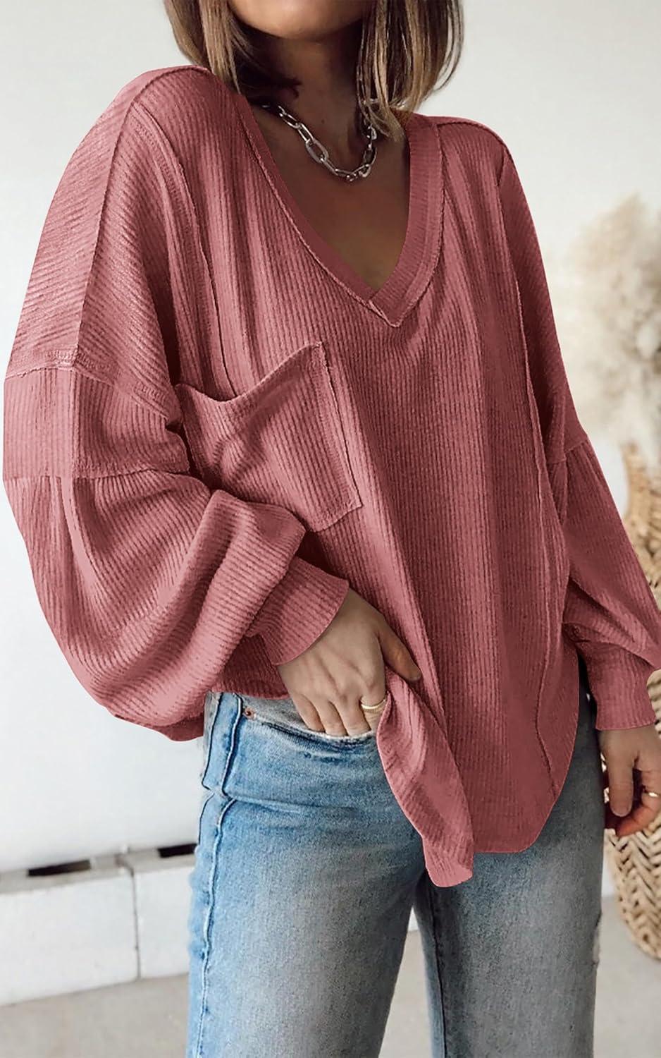 imageBTFBM Womens Fall Fashion 2025 Long Sleeve Shirts Casual V Neck Ribbed Knit Blouses Pullover Trendy Loose Fit Tunic TopsSolid Pink