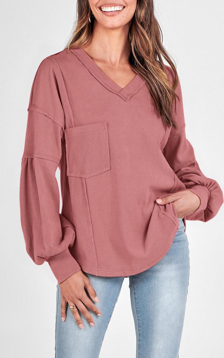 imageBTFBM Womens Fall Fashion 2025 Long Sleeve Shirts Casual V Neck Ribbed Knit Blouses Pullover Trendy Loose Fit Tunic TopsSolid Pink