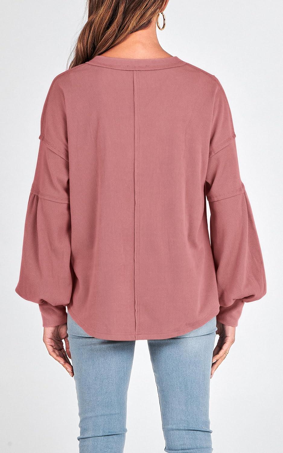 imageBTFBM Womens Fall Fashion 2025 Long Sleeve Shirts Casual V Neck Ribbed Knit Blouses Pullover Trendy Loose Fit Tunic TopsSolid Pink