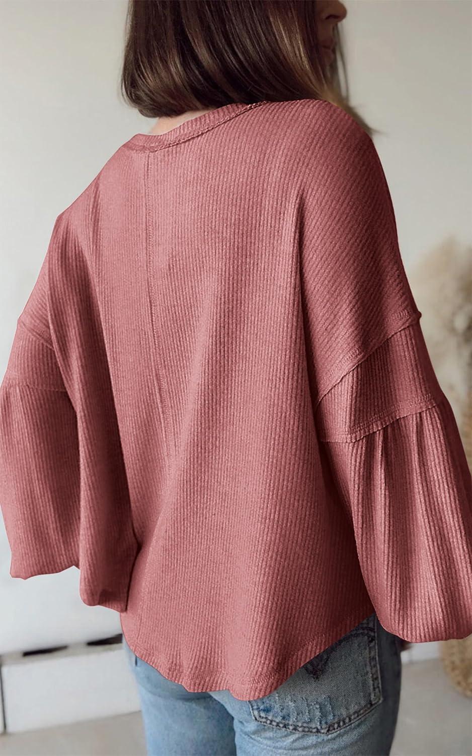 imageBTFBM Womens Fall Fashion 2025 Long Sleeve Shirts Casual V Neck Ribbed Knit Blouses Pullover Trendy Loose Fit Tunic TopsSolid Pink