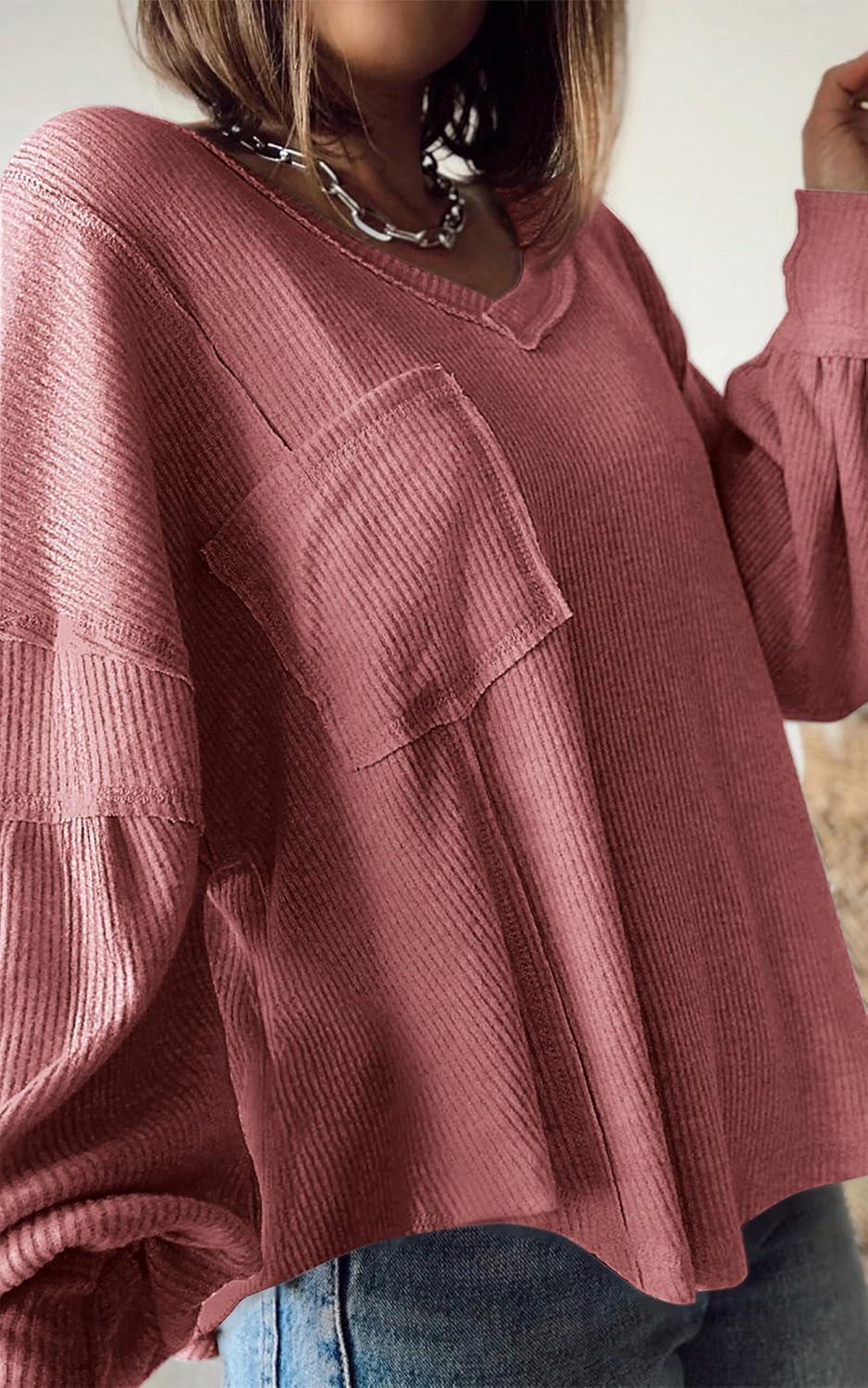 imageBTFBM Womens Fall Fashion 2025 Long Sleeve Shirts Casual V Neck Ribbed Knit Blouses Pullover Trendy Loose Fit Tunic TopsSolid Pink