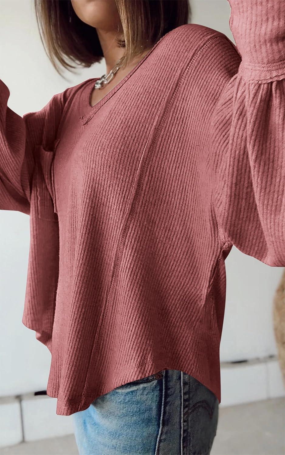 imageBTFBM Womens Fall Fashion 2025 Long Sleeve Shirts Casual V Neck Ribbed Knit Blouses Pullover Trendy Loose Fit Tunic TopsSolid Pink