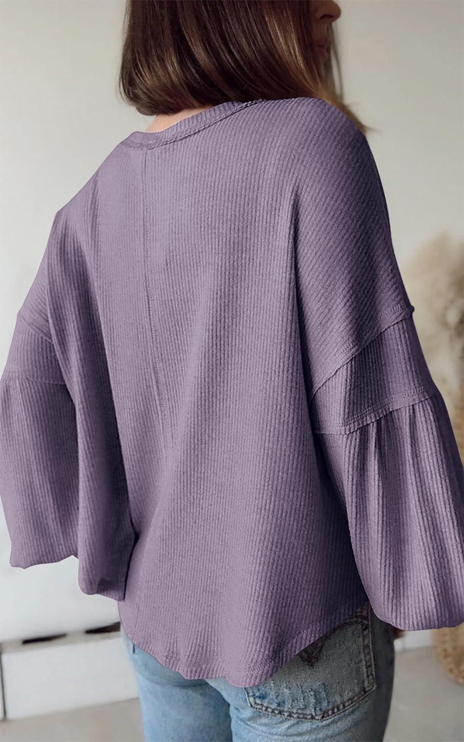 imageBTFBM Womens Fall Fashion 2025 Long Sleeve Shirts Casual V Neck Ribbed Knit Blouses Pullover Trendy Loose Fit Tunic TopsSolid Taro Purple