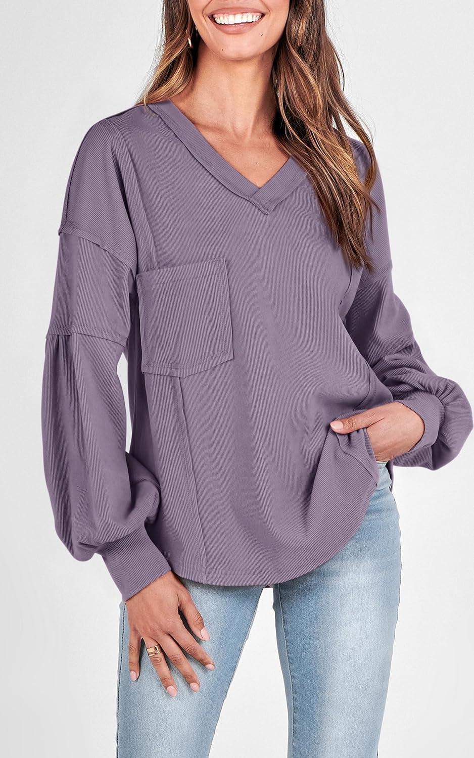 imageBTFBM Womens Fall Fashion 2025 Long Sleeve Shirts Casual V Neck Ribbed Knit Blouses Pullover Trendy Loose Fit Tunic TopsSolid Taro Purple