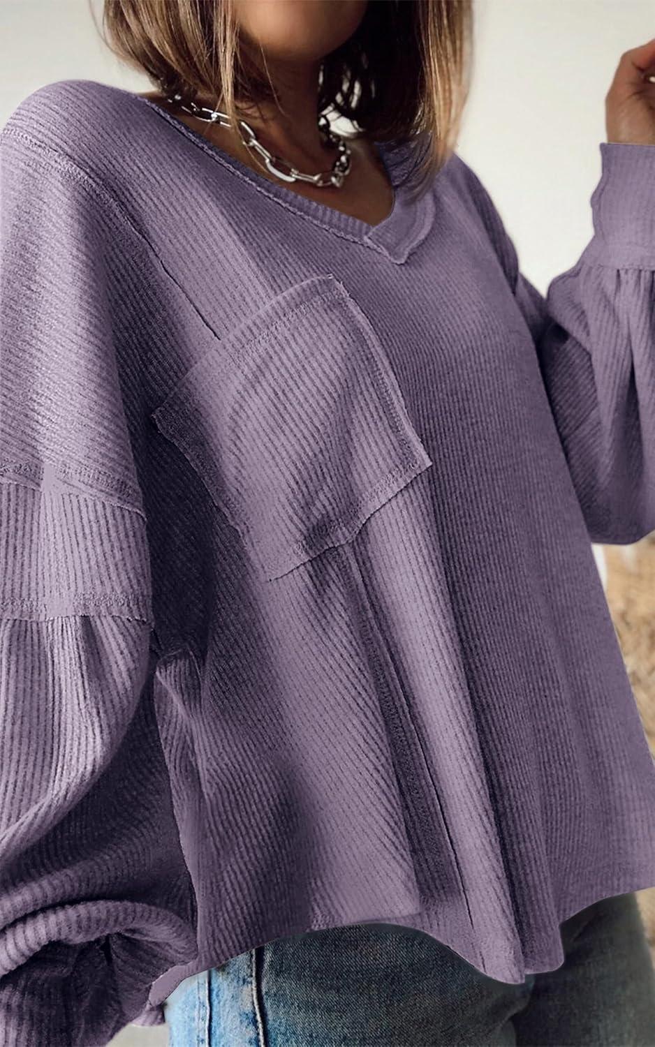 imageBTFBM Womens Fall Fashion 2025 Long Sleeve Shirts Casual V Neck Ribbed Knit Blouses Pullover Trendy Loose Fit Tunic TopsSolid Taro Purple