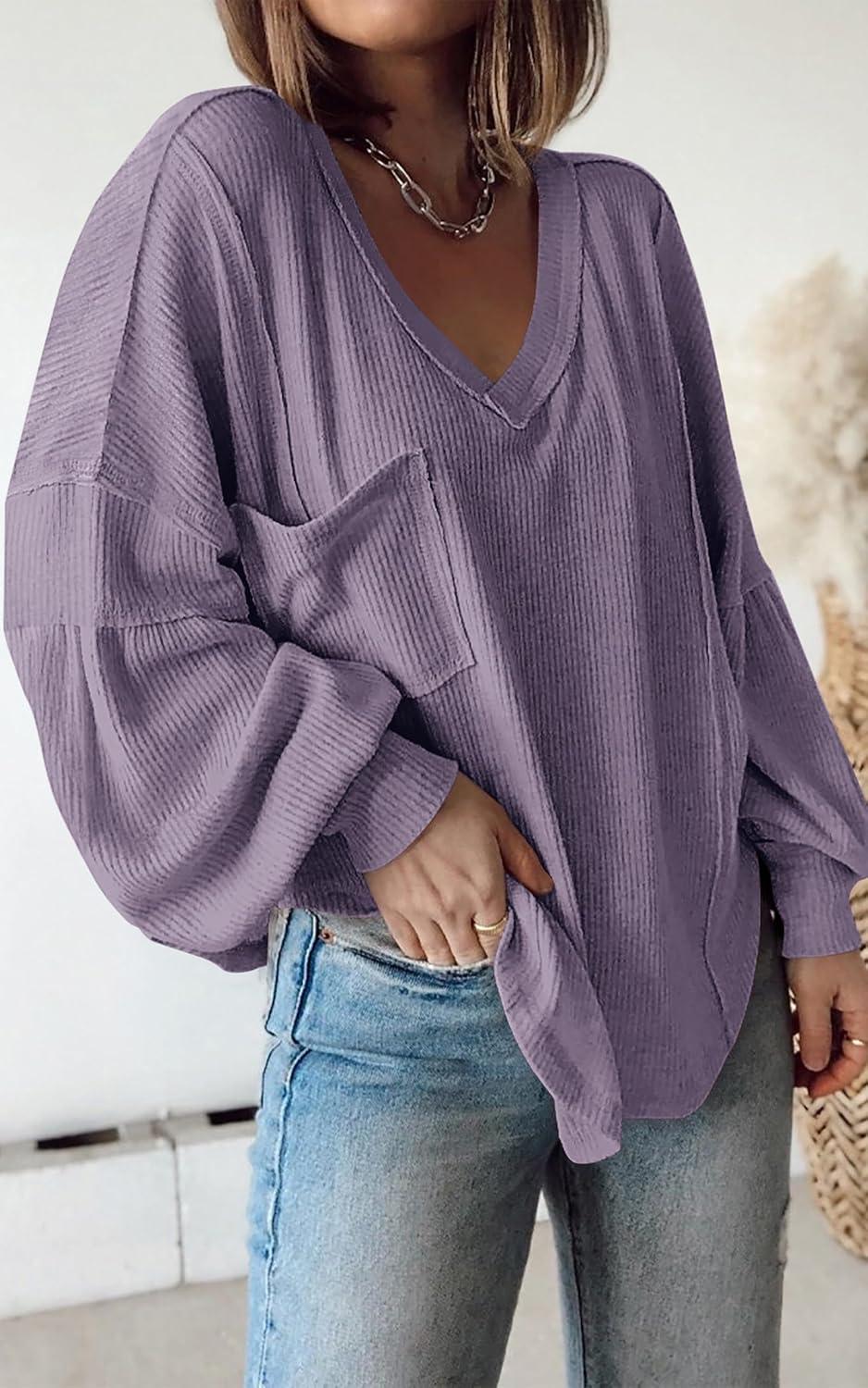imageBTFBM Womens Fall Fashion 2025 Long Sleeve Shirts Casual V Neck Ribbed Knit Blouses Pullover Trendy Loose Fit Tunic TopsSolid Taro Purple