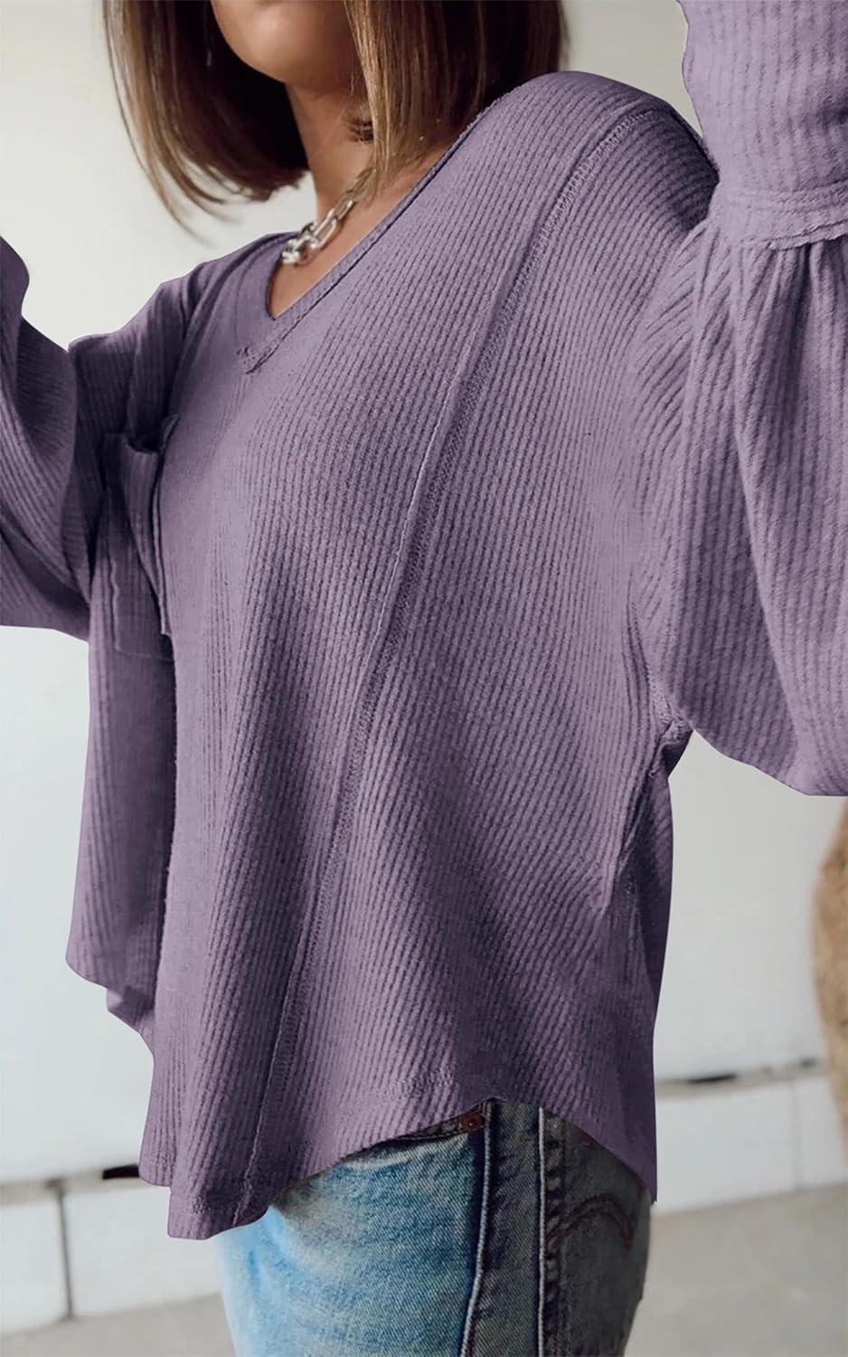 imageBTFBM Womens Fall Fashion 2025 Long Sleeve Shirts Casual V Neck Ribbed Knit Blouses Pullover Trendy Loose Fit Tunic TopsSolid Taro Purple