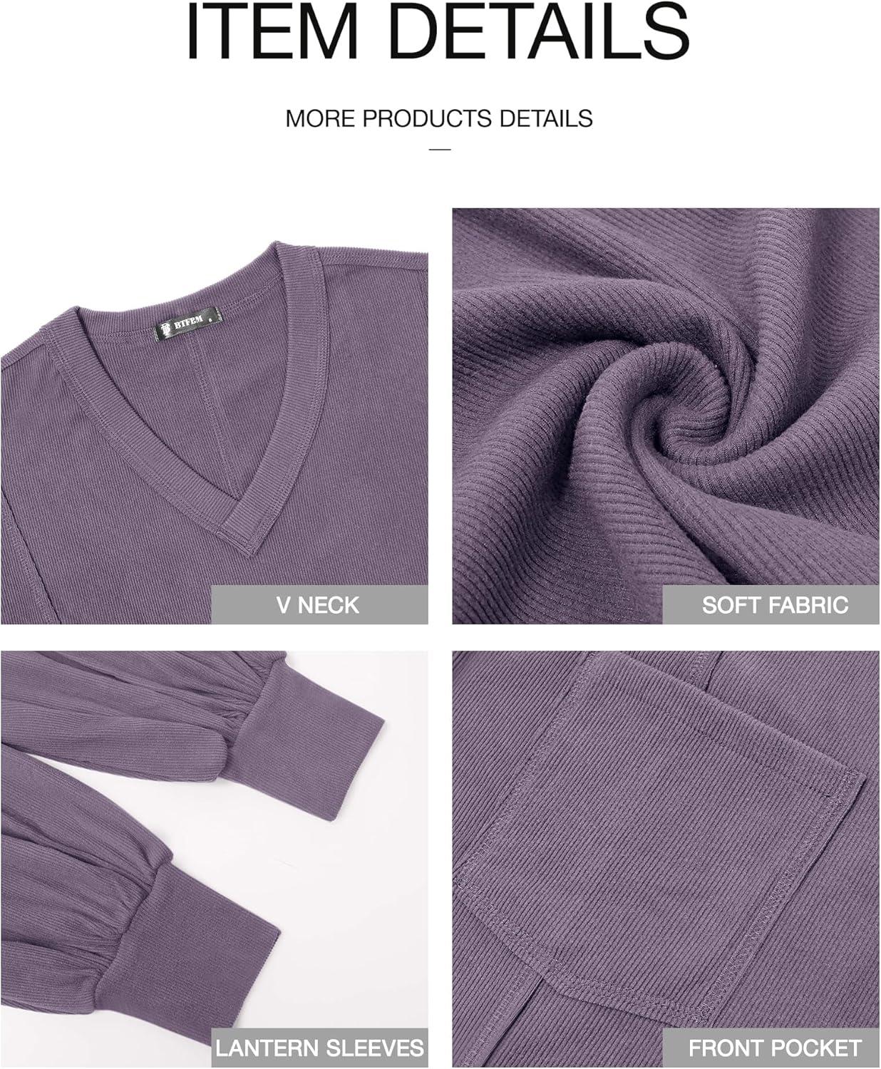 imageBTFBM Womens Fall Fashion 2025 Long Sleeve Shirts Casual V Neck Ribbed Knit Blouses Pullover Trendy Loose Fit Tunic TopsSolid Taro Purple