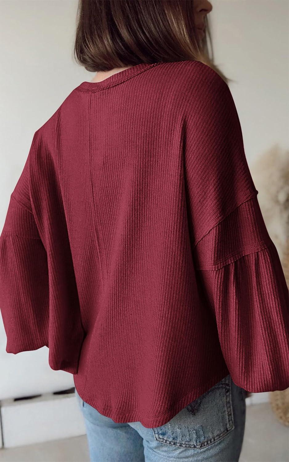 imageBTFBM Womens Fall Fashion 2025 Long Sleeve Shirts Casual V Neck Ribbed Knit Blouses Pullover Trendy Loose Fit Tunic TopsSolid Wine Red
