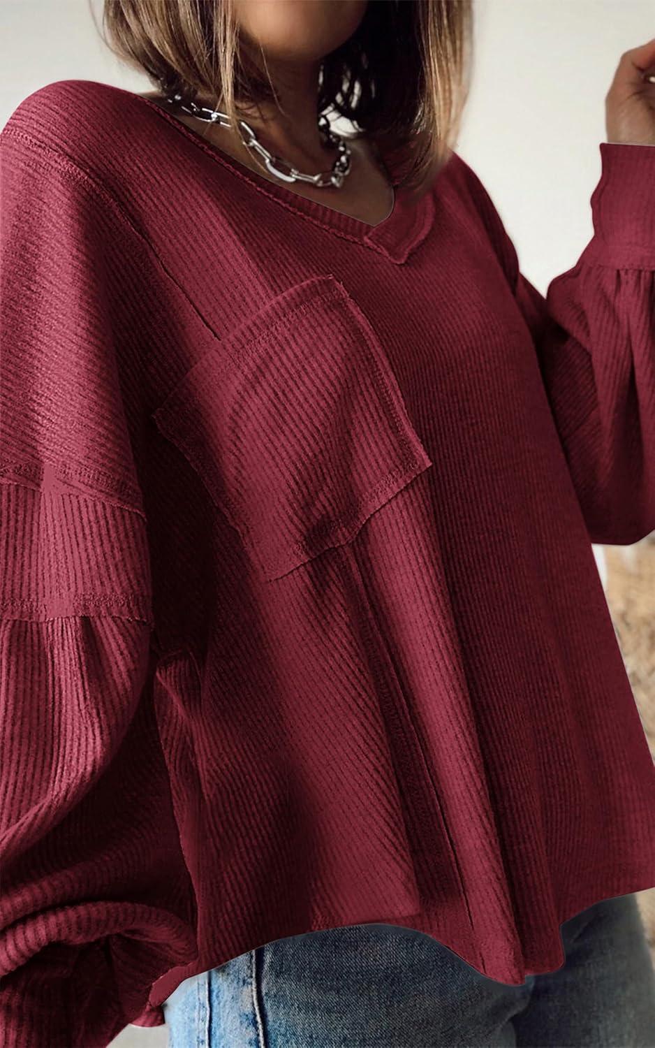 imageBTFBM Womens Fall Fashion 2025 Long Sleeve Shirts Casual V Neck Ribbed Knit Blouses Pullover Trendy Loose Fit Tunic TopsSolid Wine Red