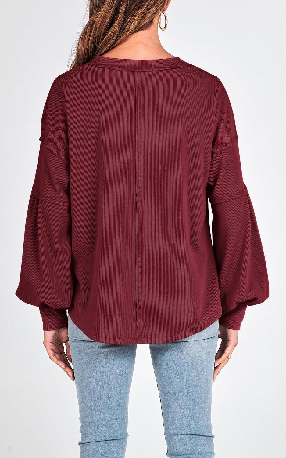 imageBTFBM Womens Fall Fashion 2025 Long Sleeve Shirts Casual V Neck Ribbed Knit Blouses Pullover Trendy Loose Fit Tunic TopsSolid Wine Red