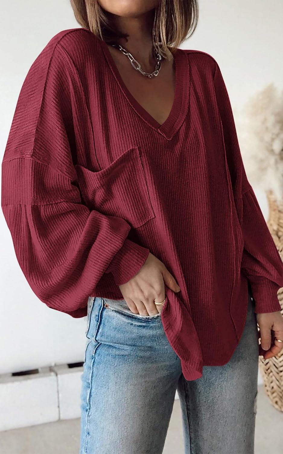 imageBTFBM Womens Fall Fashion 2025 Long Sleeve Shirts Casual V Neck Ribbed Knit Blouses Pullover Trendy Loose Fit Tunic TopsSolid Wine Red