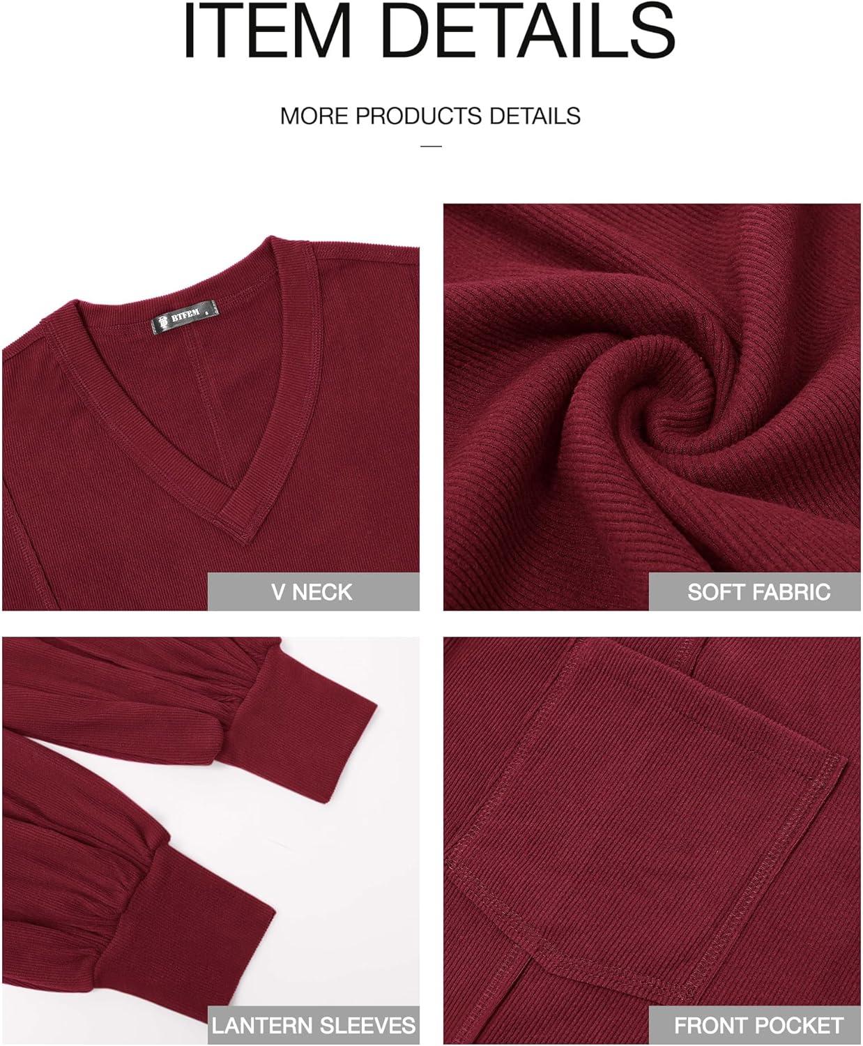 imageBTFBM Womens Fall Fashion 2025 Long Sleeve Shirts Casual V Neck Ribbed Knit Blouses Pullover Trendy Loose Fit Tunic TopsSolid Wine Red