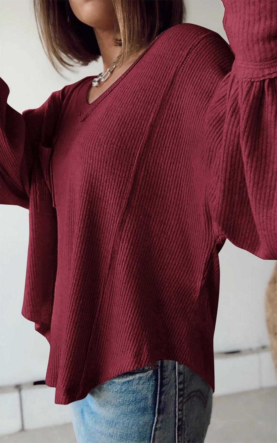 imageBTFBM Womens Fall Fashion 2025 Long Sleeve Shirts Casual V Neck Ribbed Knit Blouses Pullover Trendy Loose Fit Tunic TopsSolid Wine Red