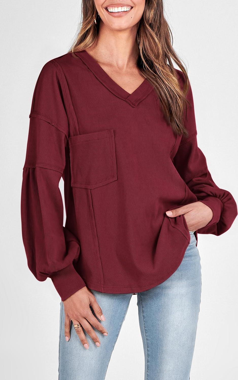 imageBTFBM Womens Fall Fashion 2025 Long Sleeve Shirts Casual V Neck Ribbed Knit Blouses Pullover Trendy Loose Fit Tunic TopsSolid Wine Red