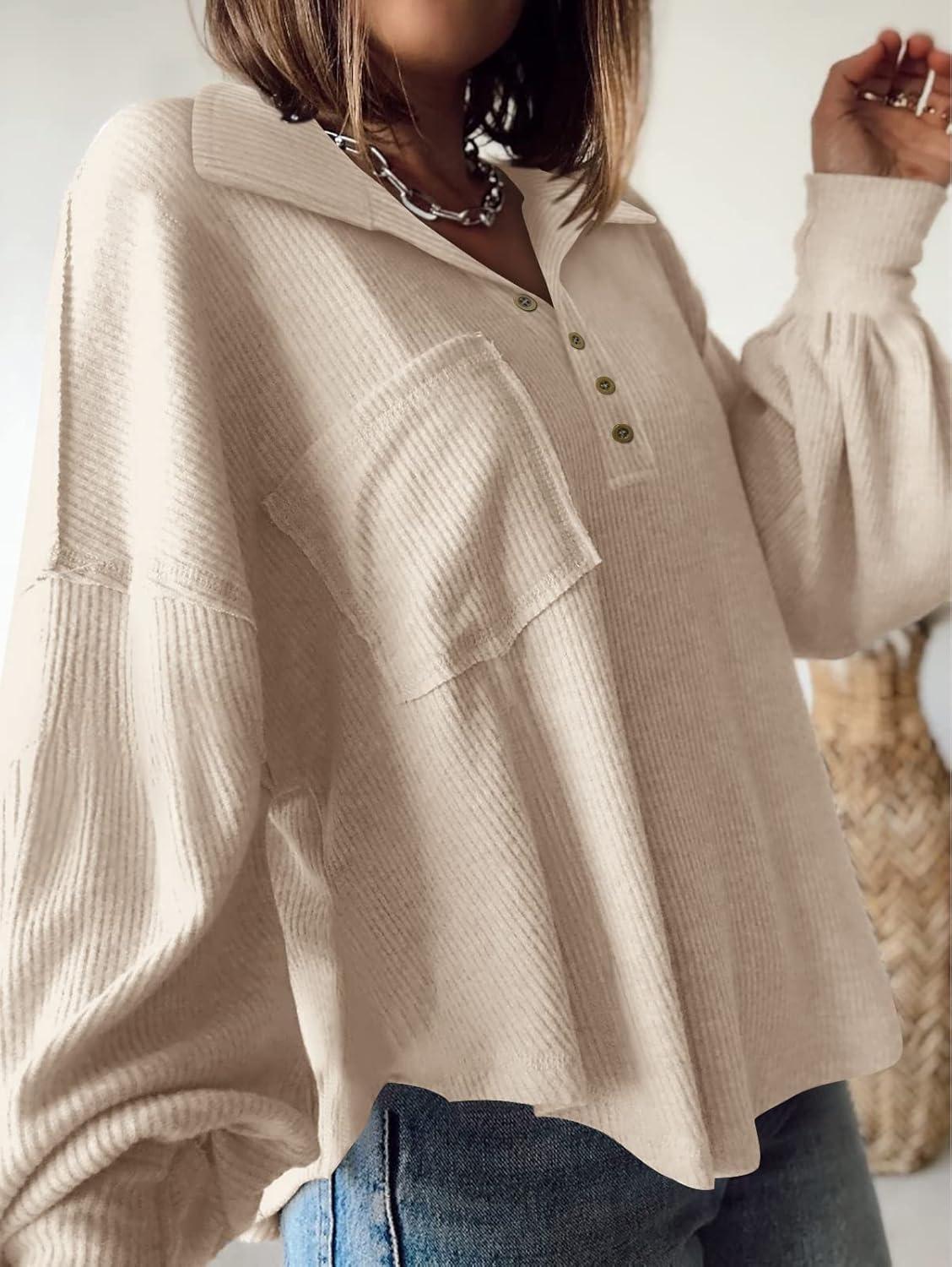 imageBTFBM Womens Fall Fashion 2025 Long Sleeve Shirts Casual V Neck Ribbed Knit Blouses Pullover Trendy Loose Fit Tunic TopsTurndown Apricot