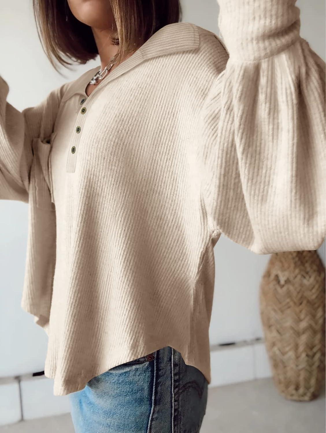 imageBTFBM Womens Fall Fashion 2025 Long Sleeve Shirts Casual V Neck Ribbed Knit Blouses Pullover Trendy Loose Fit Tunic TopsTurndown Apricot