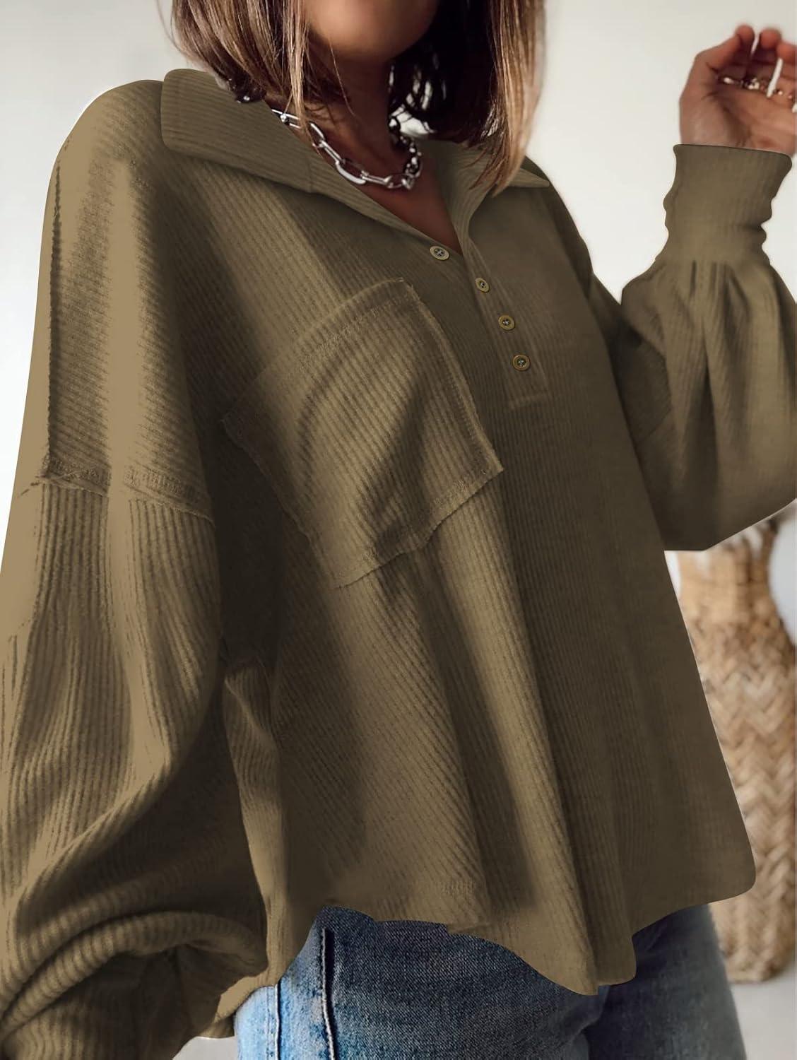 imageBTFBM Womens Fall Fashion 2025 Long Sleeve Shirts Casual V Neck Ribbed Knit Blouses Pullover Trendy Loose Fit Tunic TopsTurndown Army Green