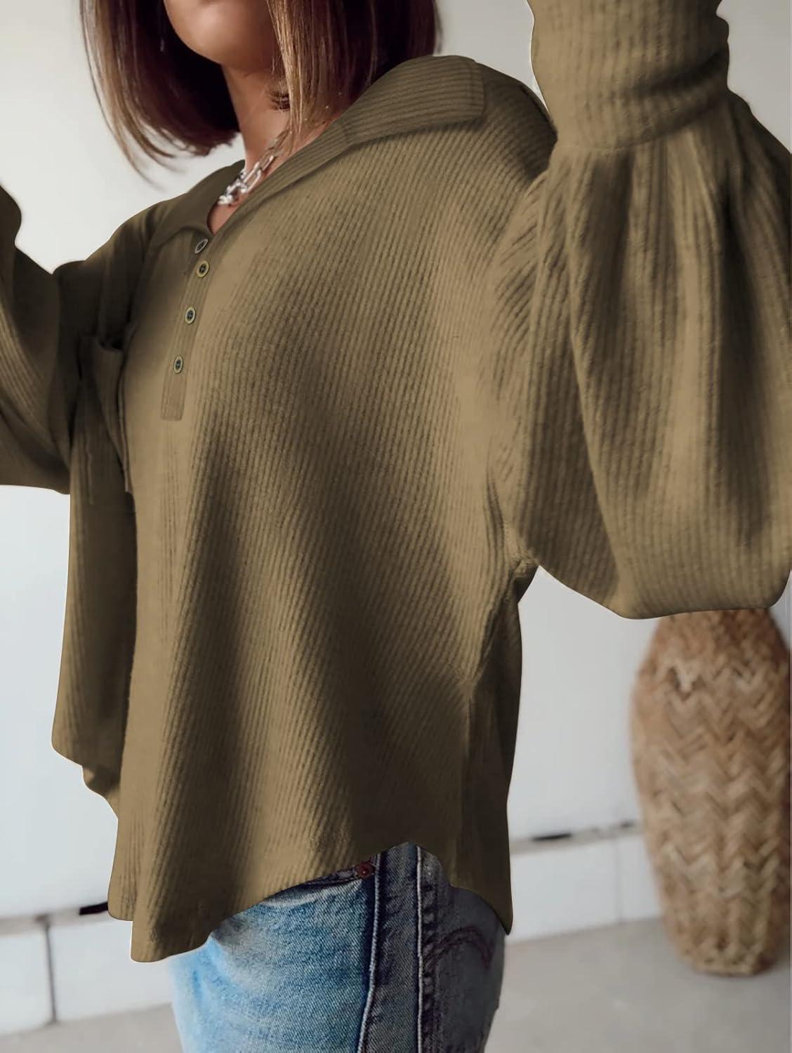 imageBTFBM Womens Fall Fashion 2025 Long Sleeve Shirts Casual V Neck Ribbed Knit Blouses Pullover Trendy Loose Fit Tunic TopsTurndown Army Green