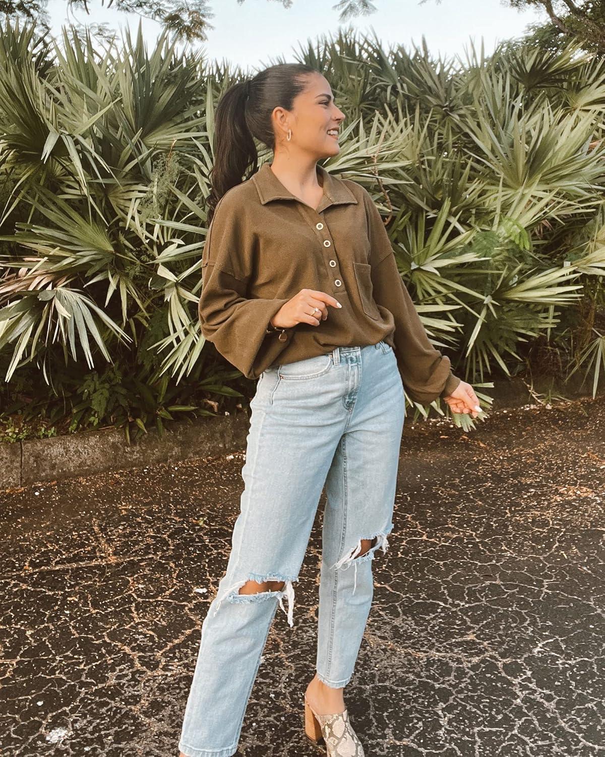 imageBTFBM Womens Fall Fashion 2025 Long Sleeve Shirts Casual V Neck Ribbed Knit Blouses Pullover Trendy Loose Fit Tunic TopsTurndown Army Green