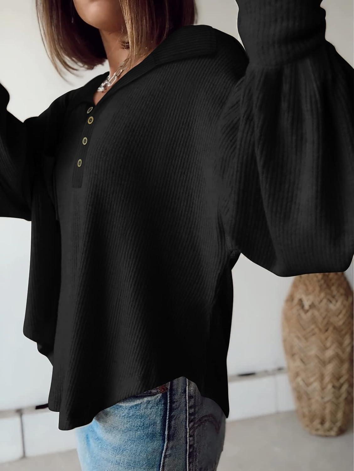 imageBTFBM Womens Fall Fashion 2025 Long Sleeve Shirts Casual V Neck Ribbed Knit Blouses Pullover Trendy Loose Fit Tunic TopsTurndown Black